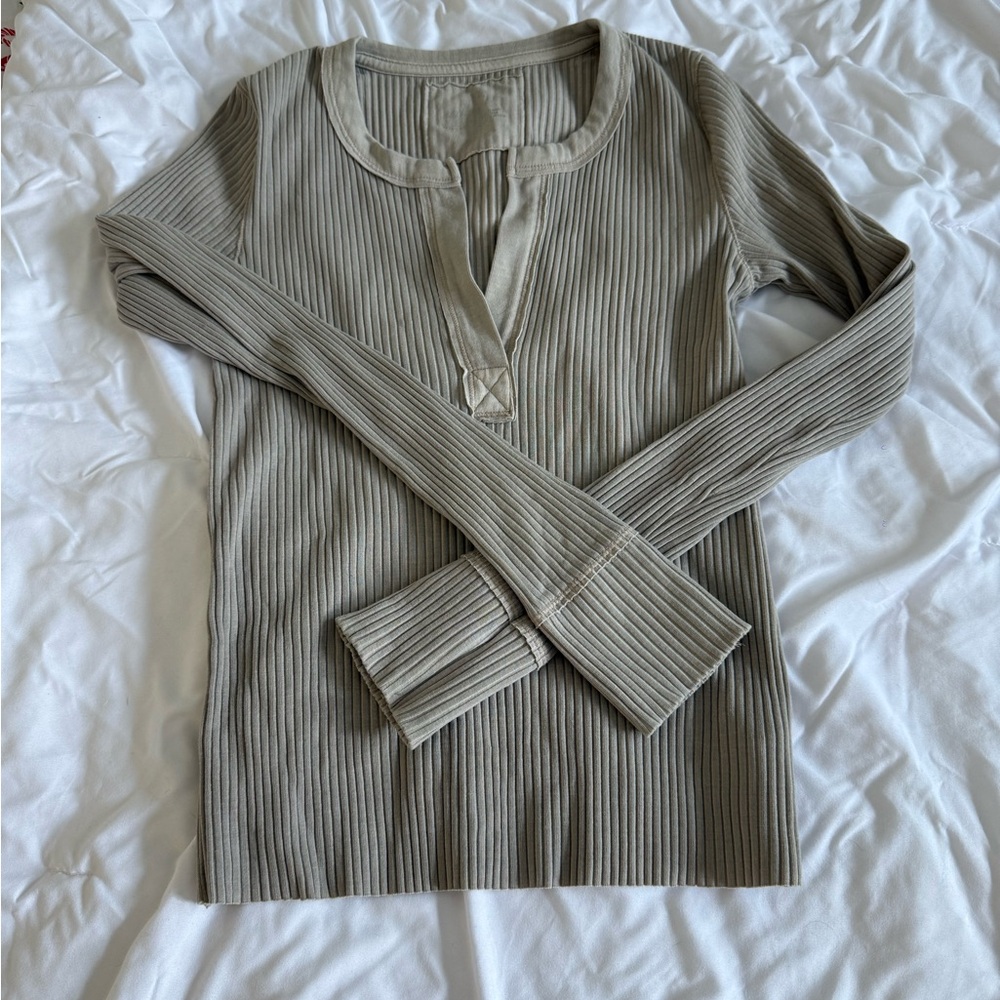 Aerie Ribbed Long Sleeve Top in Taupe